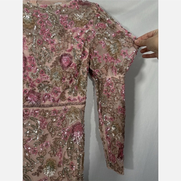 NWT‎ $498 Mac Duggal [ 12 ] Sequined Puff Sleeve High Neck Dress Rose Pink - Picture 10 of 16